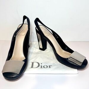 Christian Dior La Parisienne Black Leather & Mirror Logo Slingback Heels, Sz 39